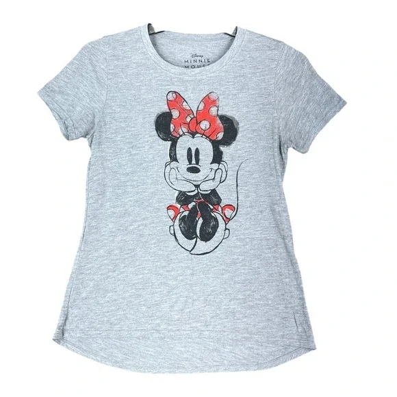 Disney Minnie Mouse Graphic Tee Shirt Gray Red Polka Dot Bow Sketch Art M Womens - Picture 1 of 8